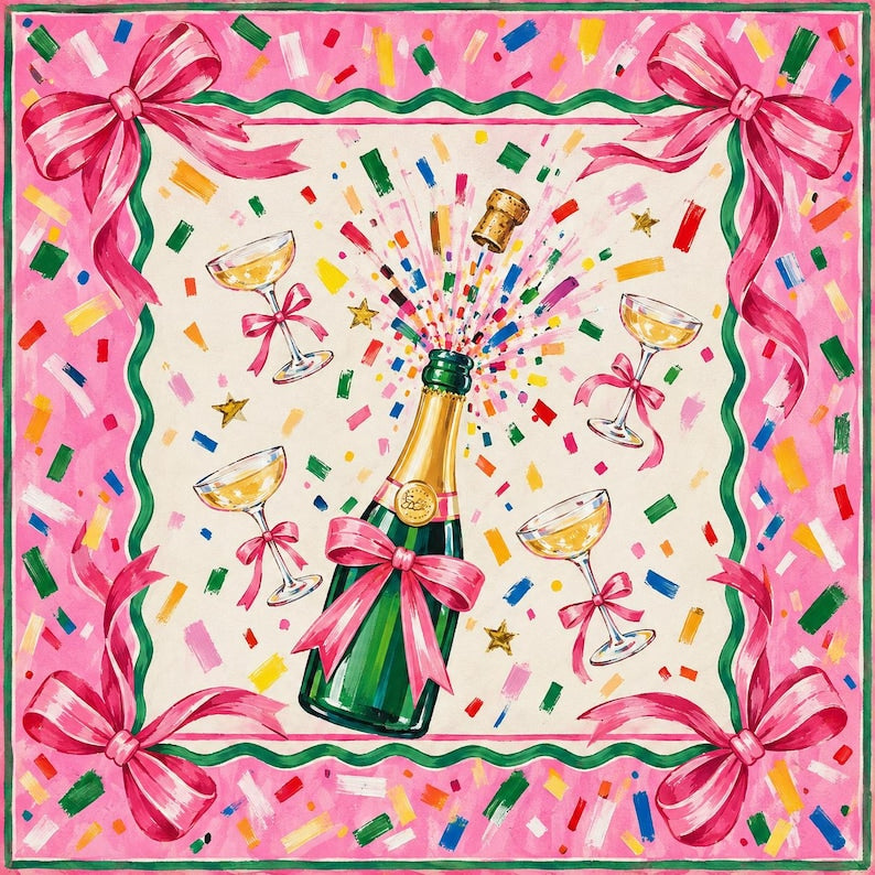 Personalized Coquette Champagne Mahjong Mat, Pink Bow Celebration Christmas Holiday Table Game Mat
