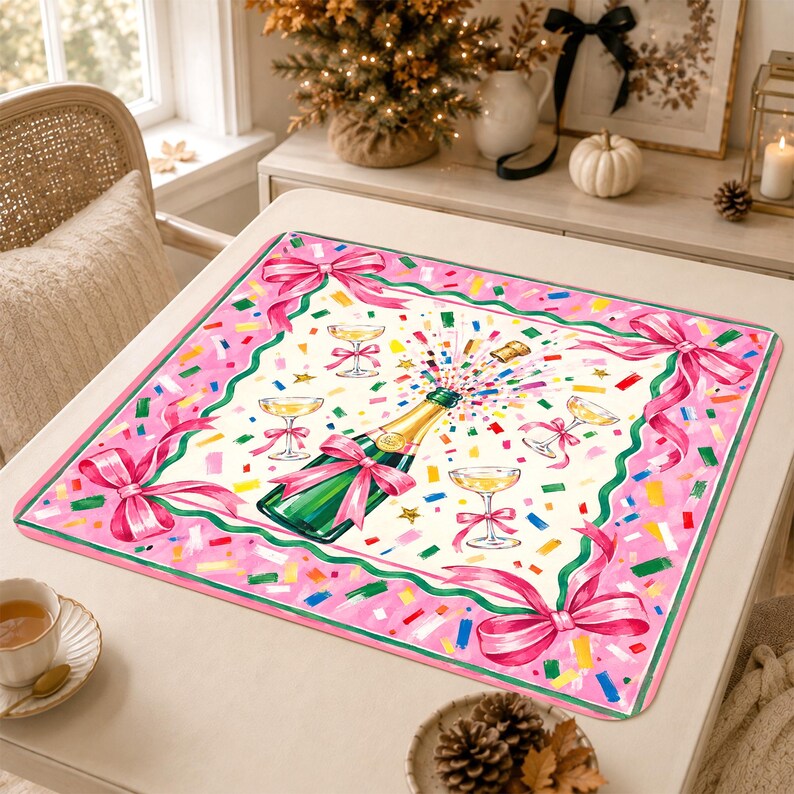 Personalized Coquette Champagne Mahjong Mat, Pink Bow Celebration Christmas Holiday Table Game Mat