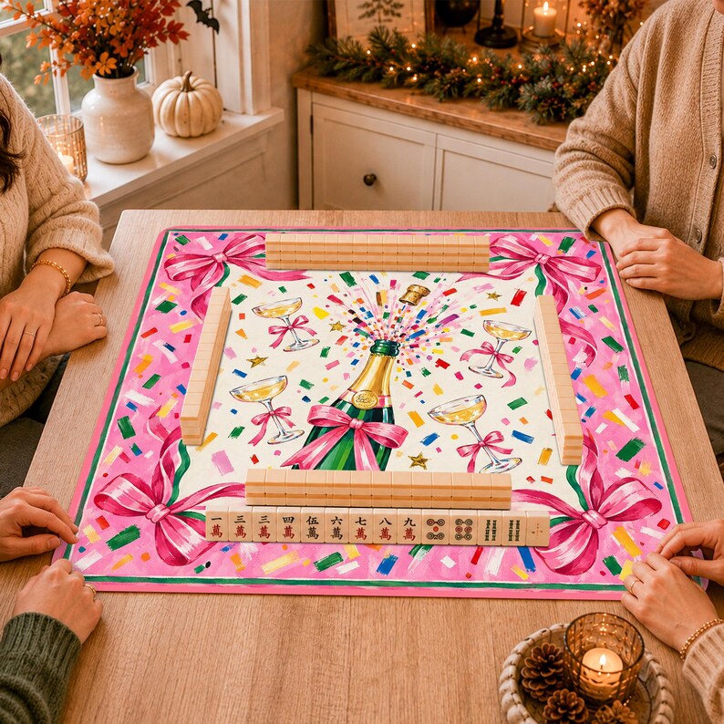 Personalized Coquette Champagne Mahjong Mat, Pink Bow Celebration Christmas Holiday Table Game Mat