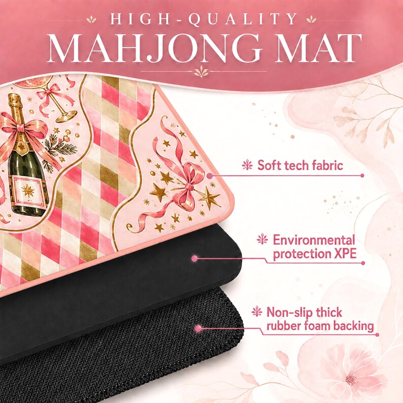 Personalized Pink Champagne Christmas Mahjong Mat, Coquette Bow Cocktail Holiday Game Table Mat