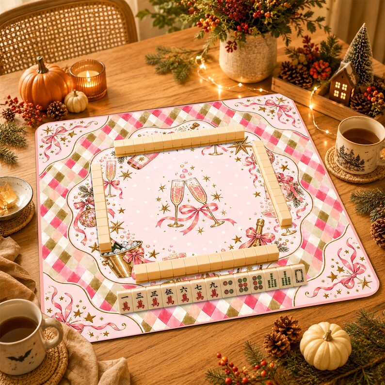 Personalized Pink Champagne Christmas Mahjong Mat, Coquette Bow Cocktail Holiday Game Table Mat