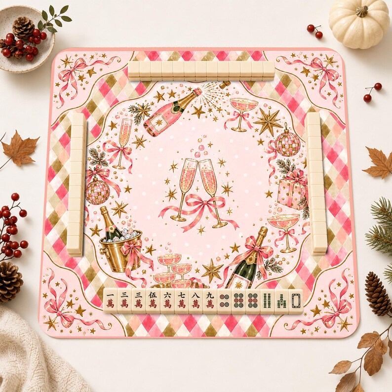 Personalized Pink Champagne Christmas Mahjong Mat, Coquette Bow Cocktail Holiday Game Table Mat