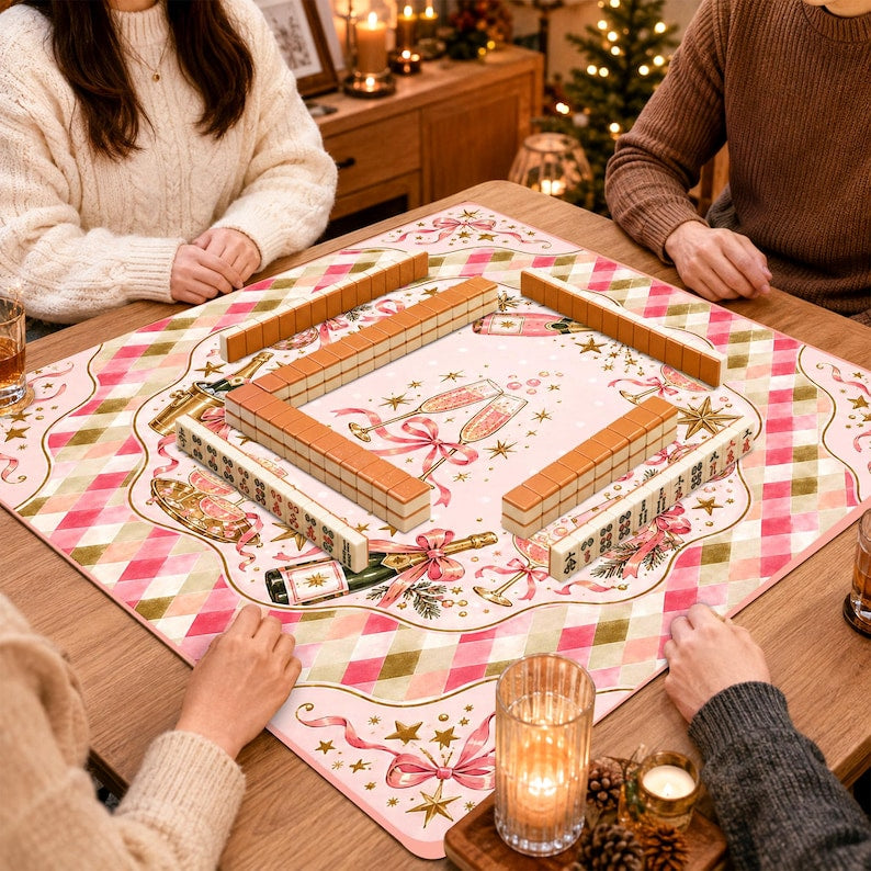 Personalized Pink Champagne Christmas Mahjong Mat, Coquette Bow Cocktail Holiday Game Table Mat