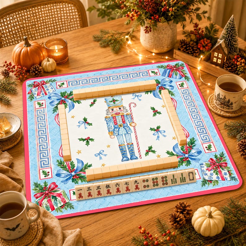Personalized Nutcracker Blue Bow Mahjong Mat, Holiday Game Table Cover, Christmas Table Mat Gift