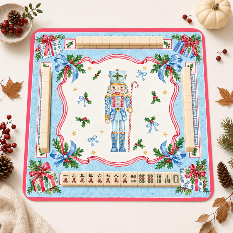 Personalized Nutcracker Blue Bow Mahjong Mat, Holiday Game Table Cover, Christmas Table Mat Gift