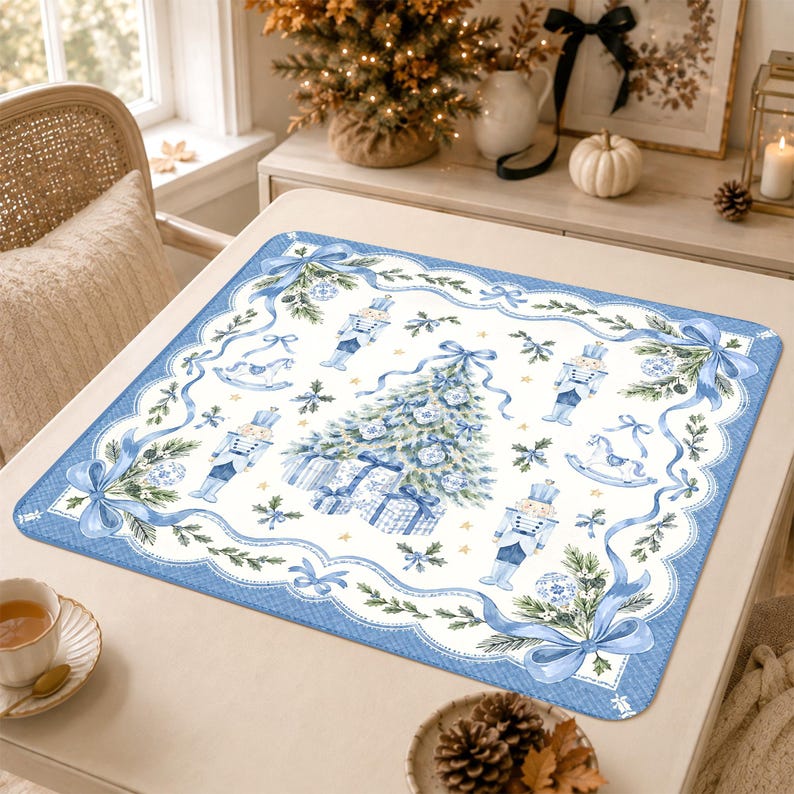 Personalized Christmas Tree Mahjong Mat, Blue Nutcracker Bow Holiday Design