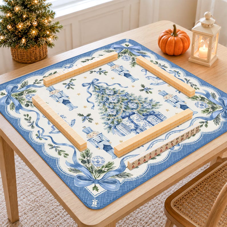 Personalized Christmas Tree Mahjong Mat, Blue Nutcracker Bow Holiday Design