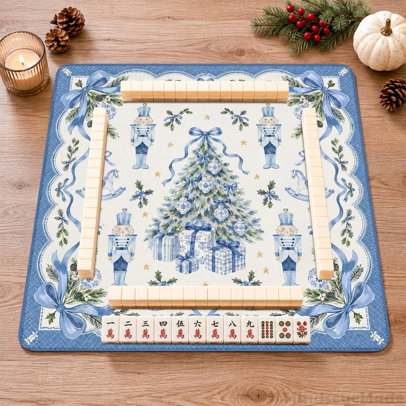 Personalized Christmas Tree Mahjong Mat, Blue Nutcracker Bow Holiday Design
