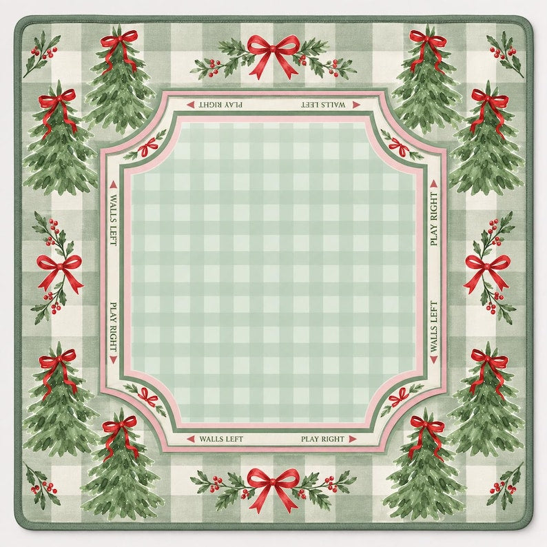 Personalized Christmas Tree Mahjong Mat, Green Gingham Red Bow Non-Slip Table Cover, Holiday Table Mat Gift