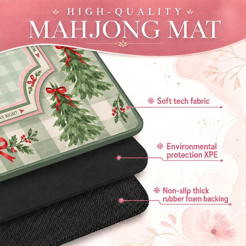 Personalized Christmas Tree Mahjong Mat, Green Gingham Red Bow Non-Slip Table Cover, Holiday Table Mat Gift