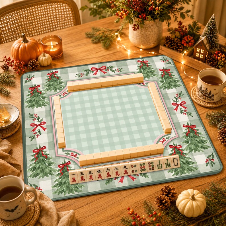 Personalized Christmas Tree Mahjong Mat, Green Gingham Red Bow Non-Slip Table Cover, Holiday Table Mat Gift