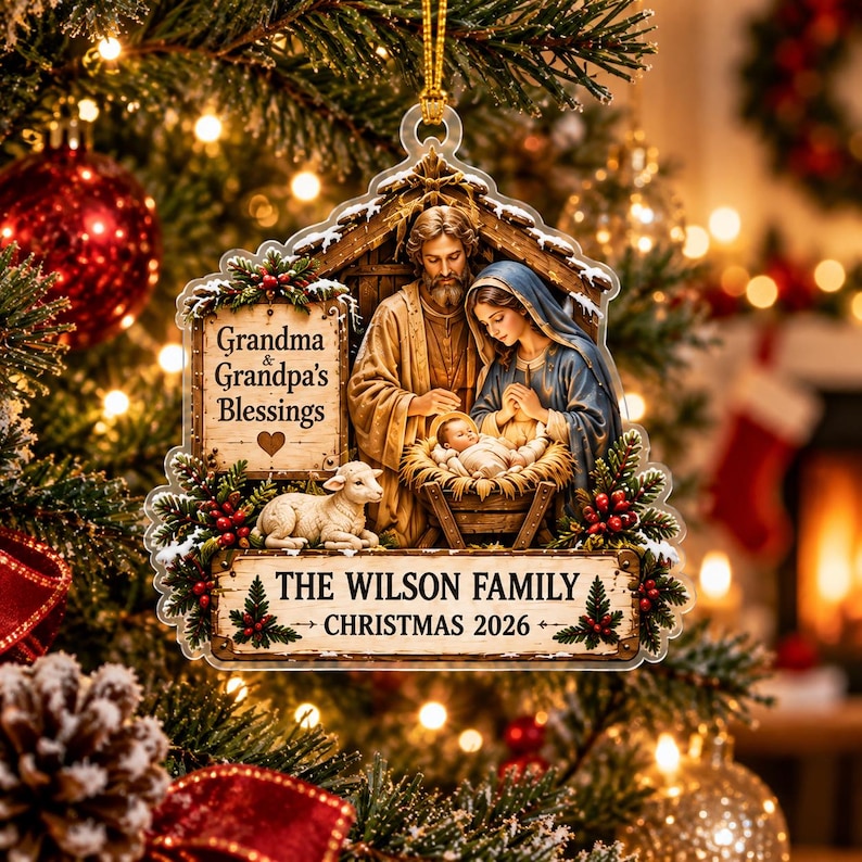 Personalized Nativity Ornament, Custom Family Name Christmas Ornament, Holy Family Christian Gift