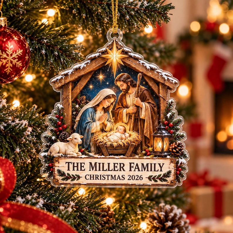 Personalized Nativity Ornament, Custom Family Name Christmas Ornament, Holy Family Christian Gift
