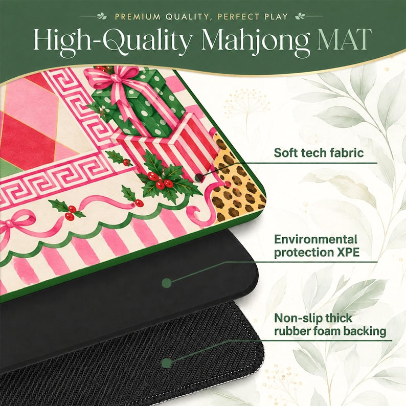 Personalized Leopard Cat Christmas Mahjong Mat, Pink Bow Holiday Table Game Mat
