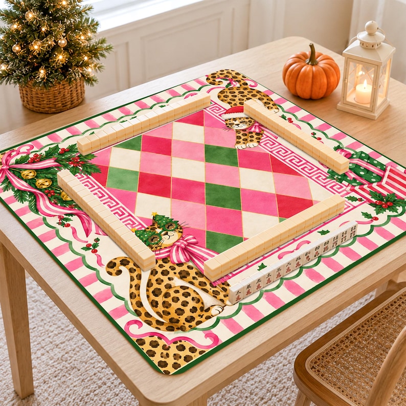 Personalized Leopard Cat Christmas Mahjong Mat, Pink Bow Holiday Table Game Mat