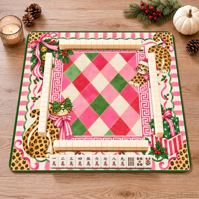 Personalized Leopard Cat Christmas Mahjong Mat, Pink Bow Holiday Table Game Mat