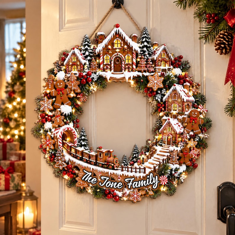 Personalized Gingerbread Christmas Wreath, Candy Cane Holiday Door Wreath, Peppermint Christmas Door Decor