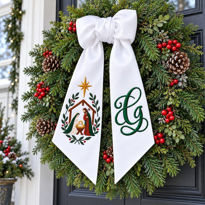 Embroidered Nativity Christmas Wreath Sashes, Personalized Monogram Initial Bow, Holy Family Door Decor