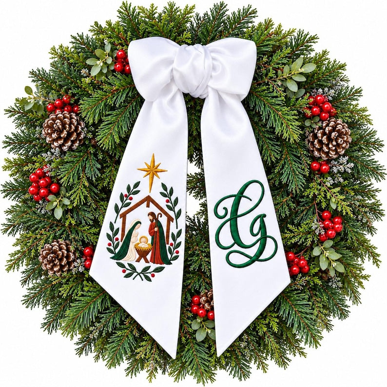 Embroidered Nativity Christmas Wreath Sashes, Personalized Monogram Initial Bow, Holy Family Door Decor