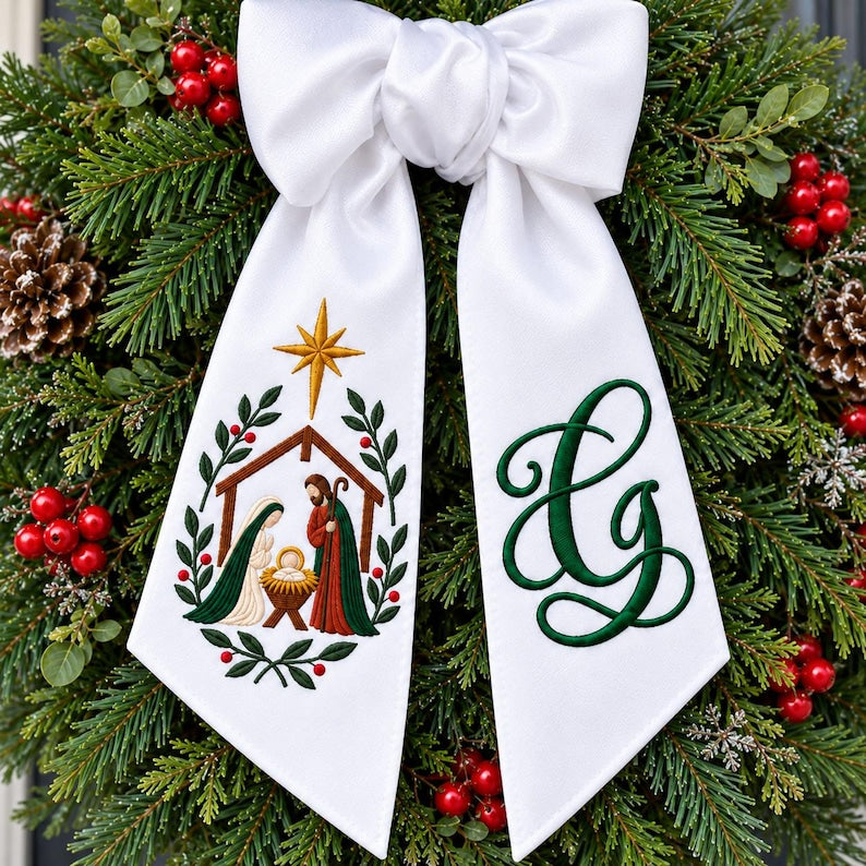 Embroidered Nativity Christmas Wreath Sashes, Personalized Monogram Initial Bow, Holy Family Door Decor