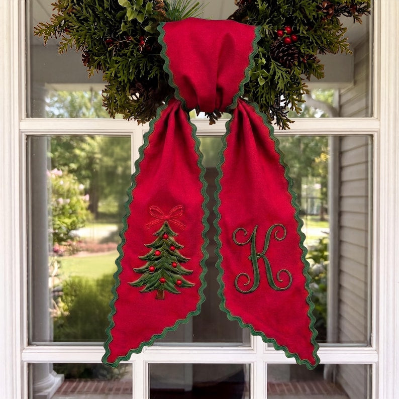 Personalized Christmas Wreath Sash, Embroidered Tree Red White Striped Door Bow, Custom Monogram Holiday Front Door Decor