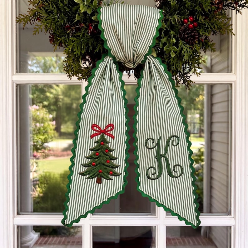 Personalized Christmas Wreath Sash, Embroidered Tree Red White Striped Door Bow, Custom Monogram Holiday Front Door Decor