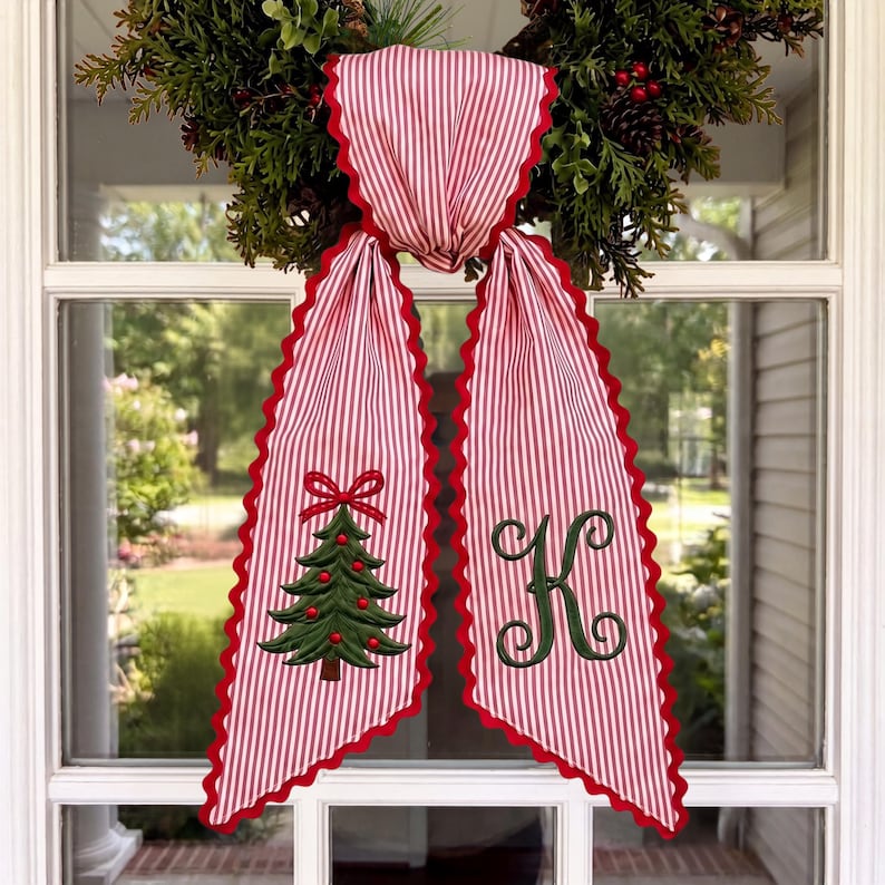 Personalized Christmas Wreath Sash, Embroidered Tree Red White Striped Door Bow, Custom Monogram Holiday Front Door Decor