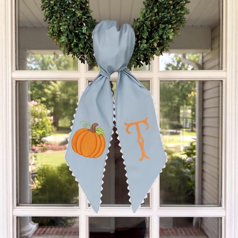 Personalized Embroidered Pumpkin Wreath Sash, Dusty Blue Monogram Fall Door Bow, Thanksgiving Autumn Front Door Decor