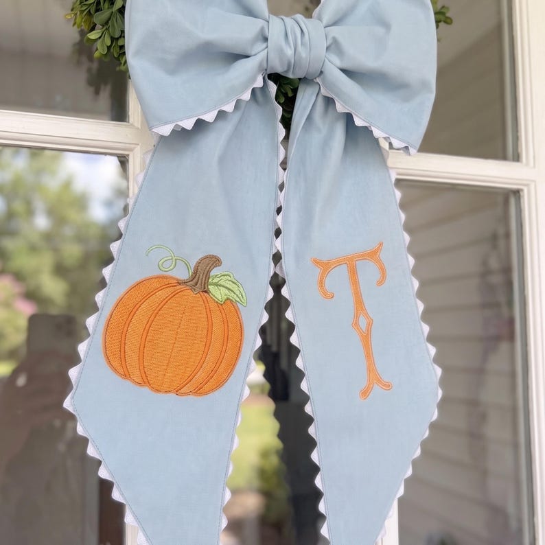 Personalized Embroidered Pumpkin Wreath Sash, Dusty Blue Monogram Fall Door Bow, Thanksgiving Autumn Front Door Decor