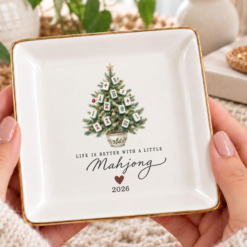Mahjong Ring Dish, Christmas Tree Trinket Tray, Mah Jongg Player Gift, 2026 Holiday Keepsake