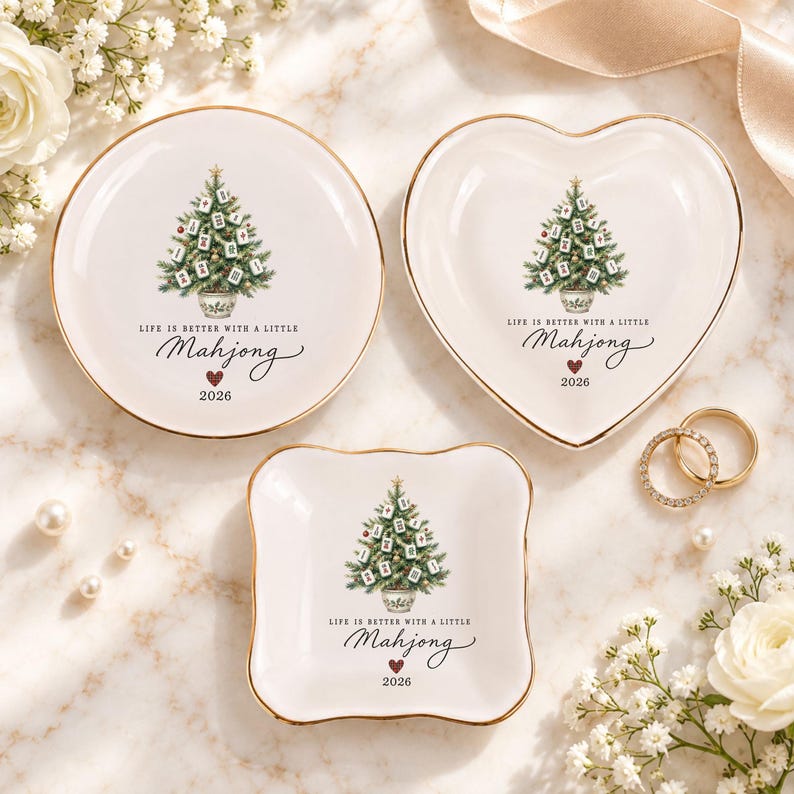 Mahjong Ring Dish, Christmas Tree Trinket Tray, Mah Jongg Player Gift, 2026 Holiday Keepsake
