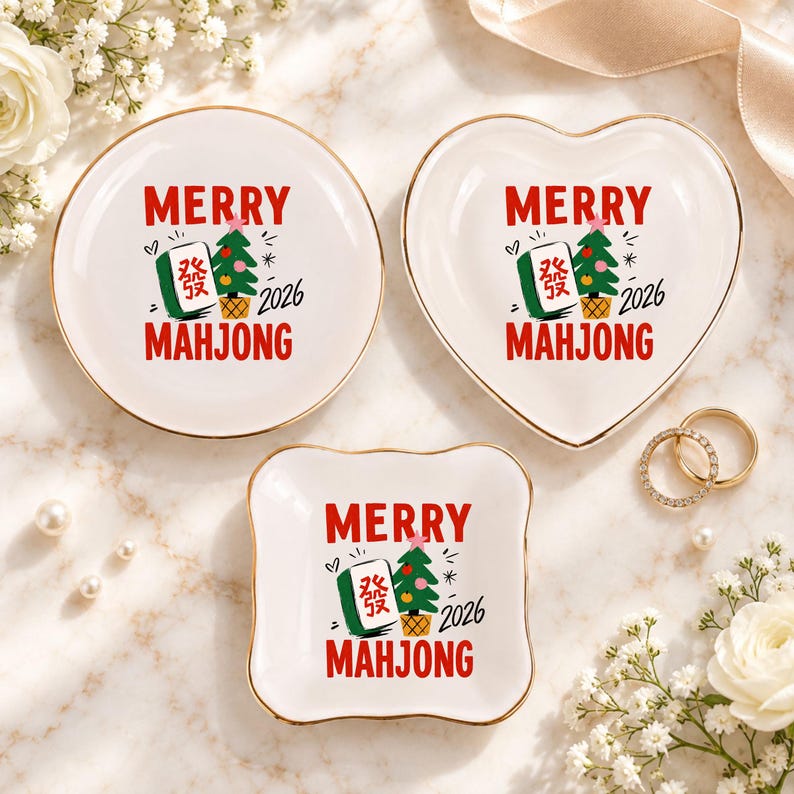 Merry Mahjong Ring Dish, Christmas Trinket Tray, Mah Jongg Player Gift, 2026 Holiday Keepsake