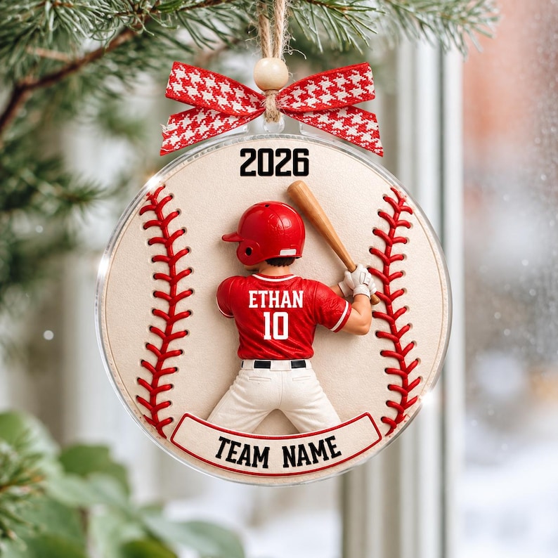 Personalized Baseball Player Christmas Ornament, Custom Name Jersey Number Team Baseball Gift, 2D Flat Acrylic Boy Athlete Keepsake