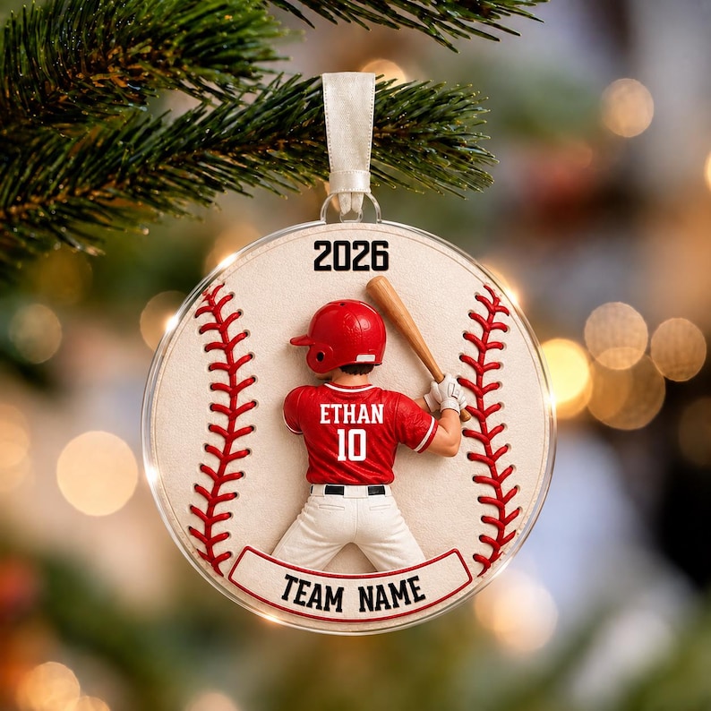 Personalized Baseball Player Christmas Ornament, Custom Name Jersey Number Team Baseball Gift, 2D Flat Acrylic Boy Athlete Keepsake