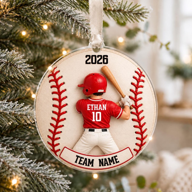 Personalized Baseball Player Christmas Ornament, Custom Name Jersey Number Team Baseball Gift, 2D Flat Acrylic Boy Athlete Keepsake