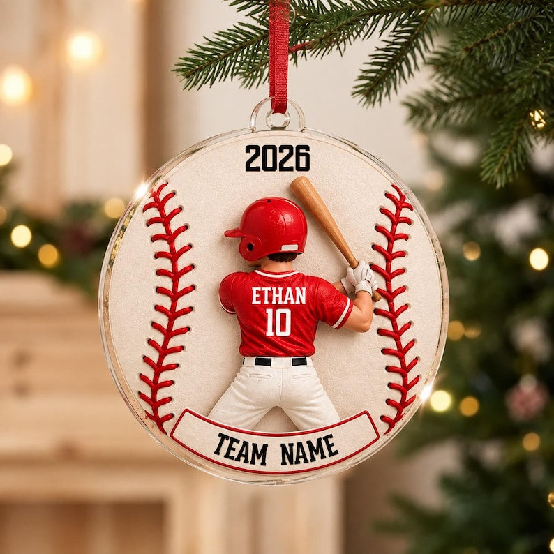 Personalized Baseball Player Christmas Ornament, Custom Name Jersey Number Team Baseball Gift, 2D Flat Acrylic Boy Athlete Keepsake