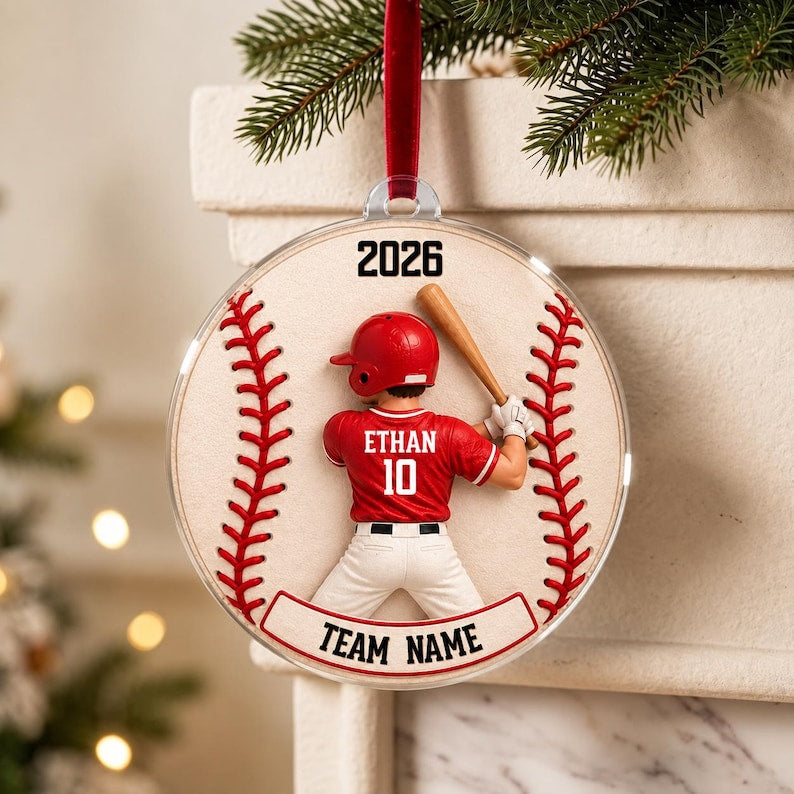 Personalized Baseball Player Christmas Ornament, Custom Name Jersey Number Team Baseball Gift, 2D Flat Acrylic Boy Athlete Keepsake