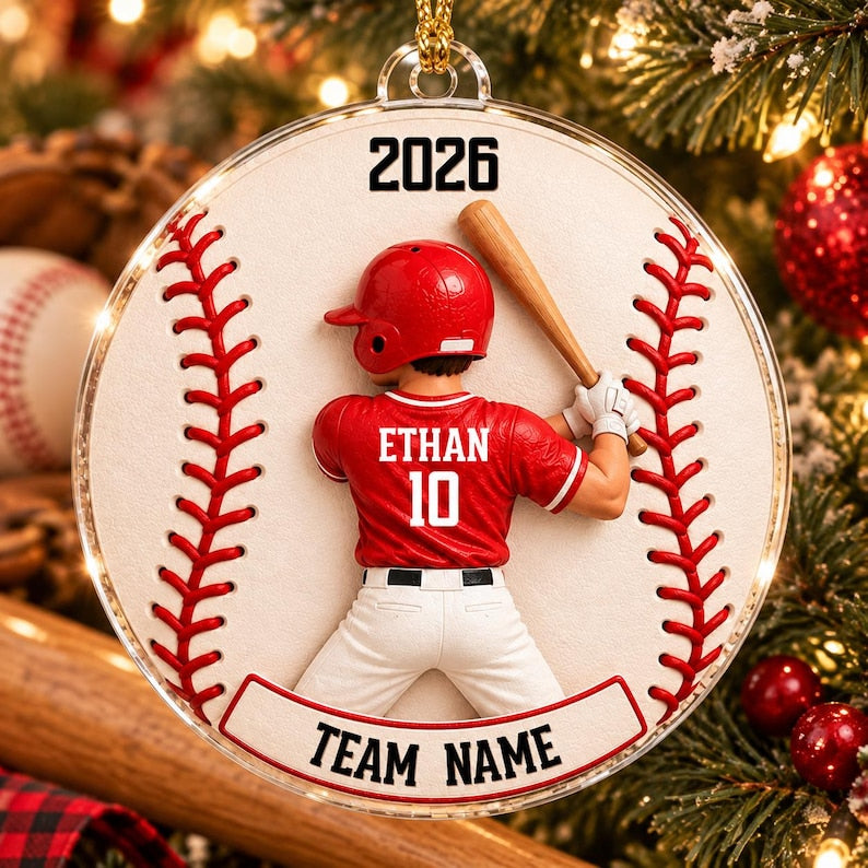 Personalized Baseball Player Christmas Ornament, Custom Name Jersey Number Team Baseball Gift, 2D Flat Acrylic Boy Athlete Keepsake