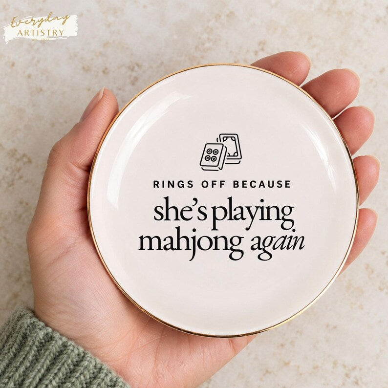 Funny Mahjong Ring Dish, Mah Jongg Player Gift, Rings Off Trinket Tray, Game Night Jewelry Holder