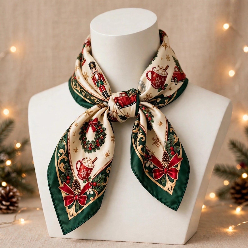 Nutcracker Christmas Scarf, Vintage Red Truck Satin Bandana, Holiday Hair Wrap, Retro Festive Neck Kerchief, Silk Feel Headscarf Gift