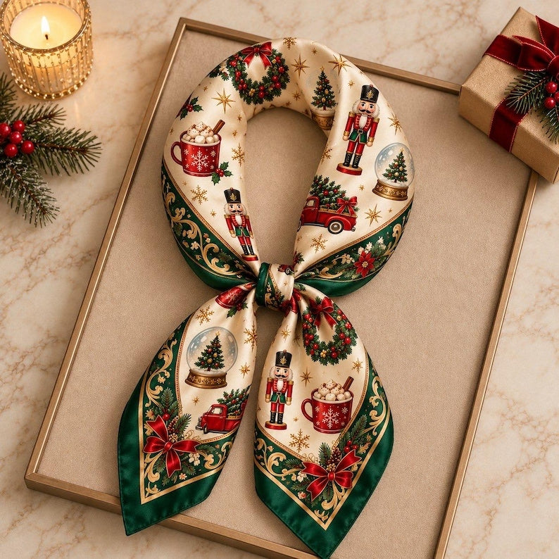 Nutcracker Christmas Scarf, Vintage Red Truck Satin Bandana, Holiday Hair Wrap, Retro Festive Neck Kerchief, Silk Feel Headscarf Gift