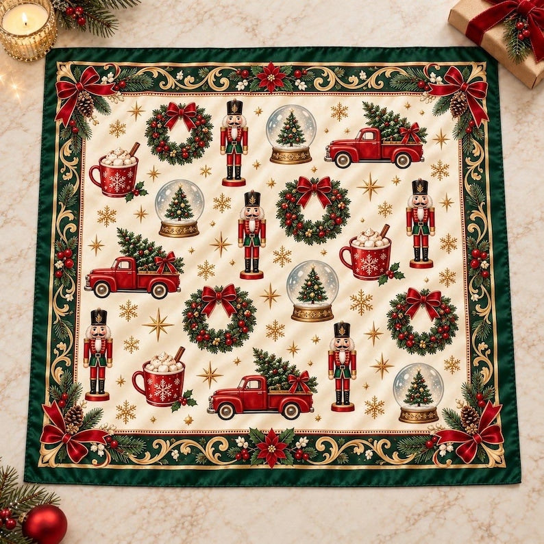 Nutcracker Christmas Scarf, Vintage Red Truck Satin Bandana, Holiday Hair Wrap, Retro Festive Neck Kerchief, Silk Feel Headscarf Gift