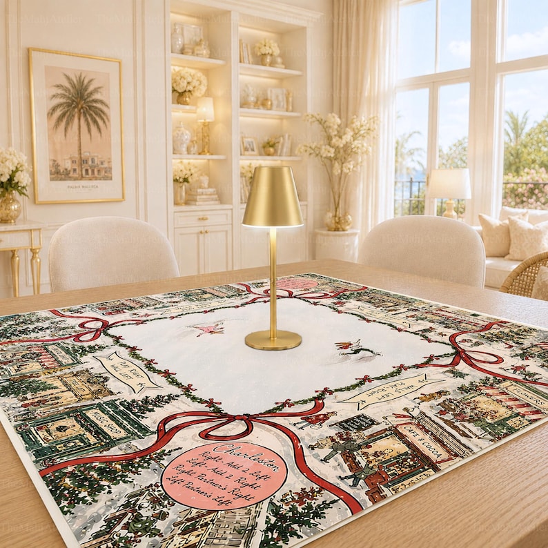 Christmas Village Mahjong Mat, Winter Town American Mahjong Game Mat, Holiday Snow Scene Non Slip Table Cover