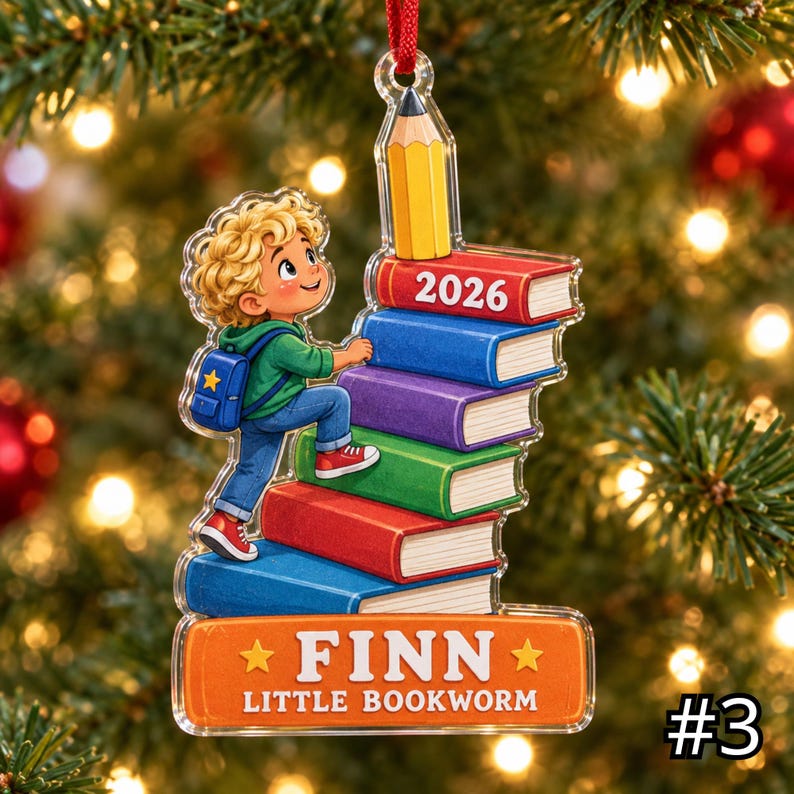 Personalized Little Bookworm Acrylic Ornament, Custom Child Name Year and Photo, Reading Lover Christmas Keepsake