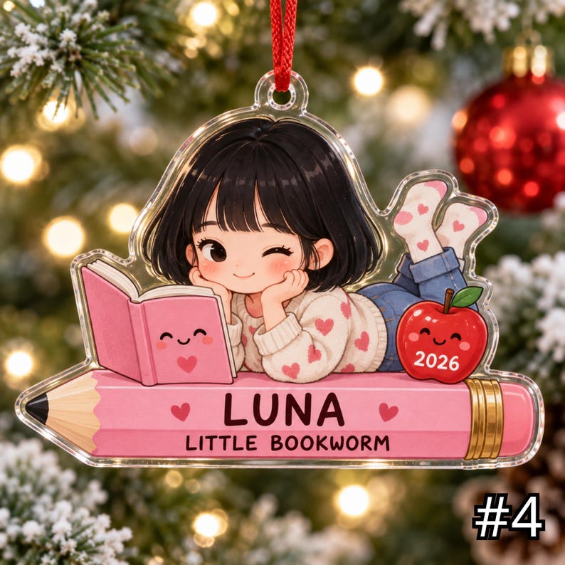 Personalized Little Bookworm Acrylic Ornament, Custom Child Name Year and Photo, Reading Lover Christmas Keepsake