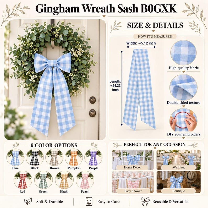 Custom Monogram Pumpkin Wreath Sash, Personalized Fall Door Bow, Embroidered Initial Gingham Ribbon