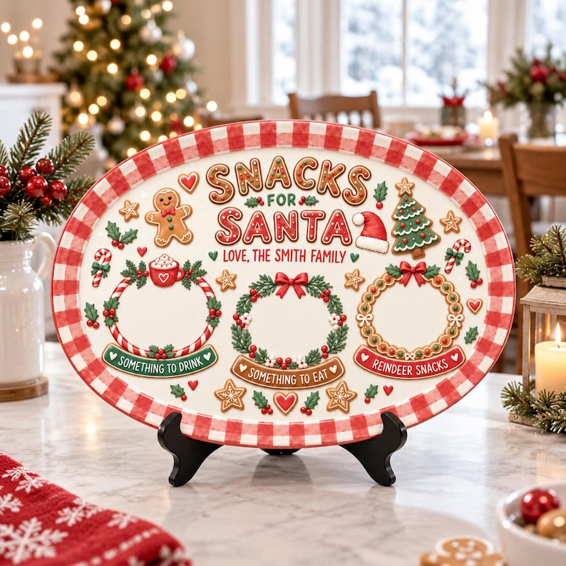 Personalized Christmas Cookie Tray, Custom Family Name Santa Plate, Holiday Serving Platter