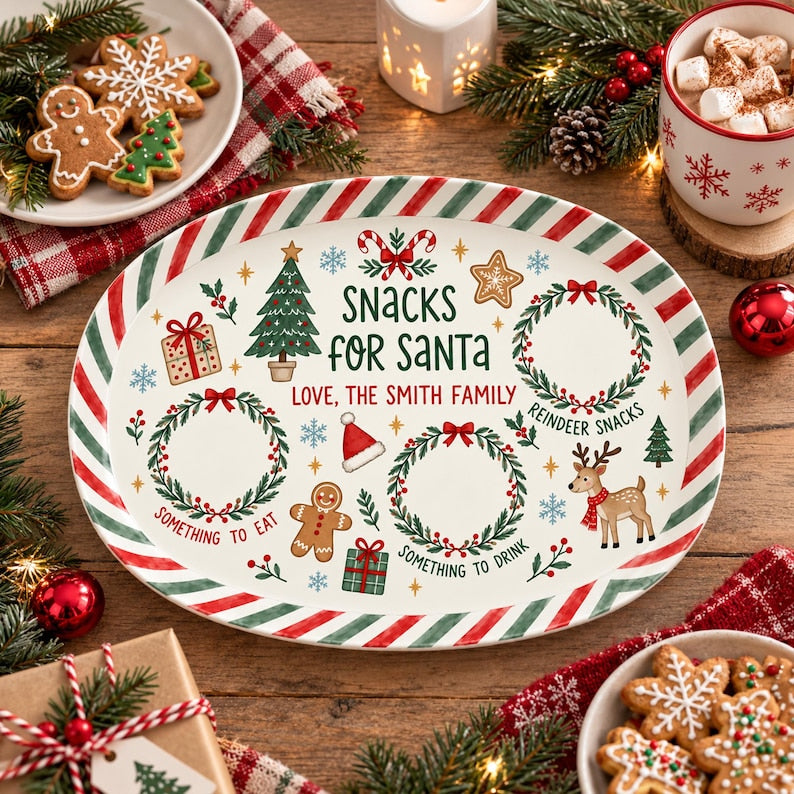 Personalized Christmas Cookie Tray, Custom Family Name Santa Plate, Holiday Serving Platter