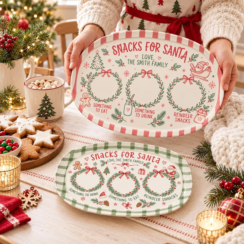 Personalized Christmas Cookie Tray, Custom Family Name Santa Plate, Holiday Serving Platter