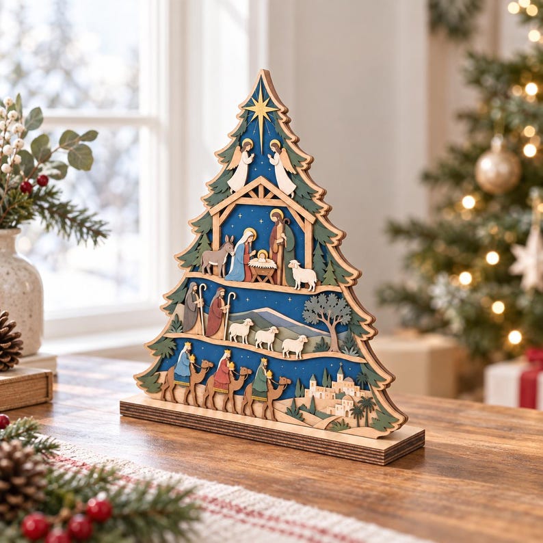 Nativity Scene Tree Wooden Sign, Nativity Tree Christian Gift, Holy Family Manger Christmas Decor, Jesus Faith Gift